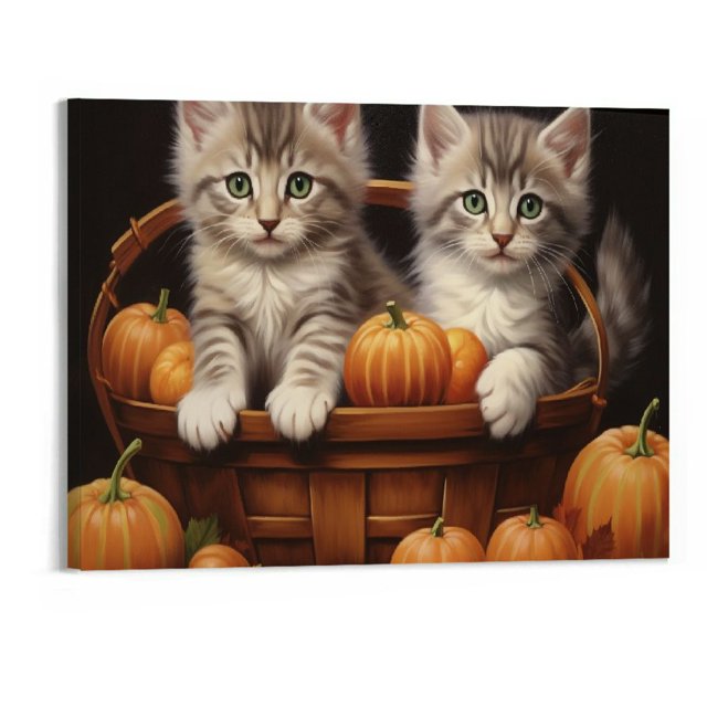 Jrxy Autumn Farm Cat Thanksgiving Animals Canvas Wall Art Oil Painting