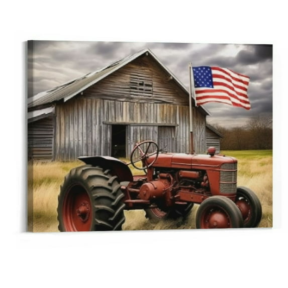 Jrxy Barn Pictures Wall Decor Old Tractor Farmhouse Canvas Painting Framed Country Posters Home Living Room Bedroom Bathroom Decoration 20x16inch 20x16in