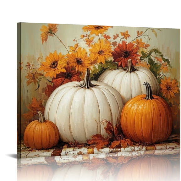 Jrxy Fall Wall Art Abstract Pumpkins Flower Table Picture on Canvas Home Wall Decor Framed 20x16in