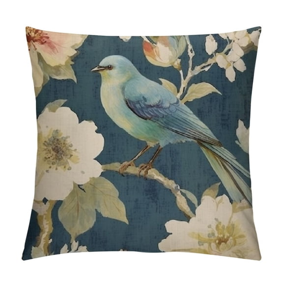 Jrxy Farmhouse Blue Flower Pillow Covers Vintage Oil Painting Birds Orchid Floral Garden Square Cushion Cases Aesthetic Room Decor Blue 22x22in