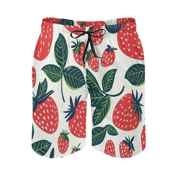 Jrxy Pink Strawberries Men's Beach Board Shorts Pants with Drawstring & Pockets, Watercolor Bohemian Style, Casual Comfort S