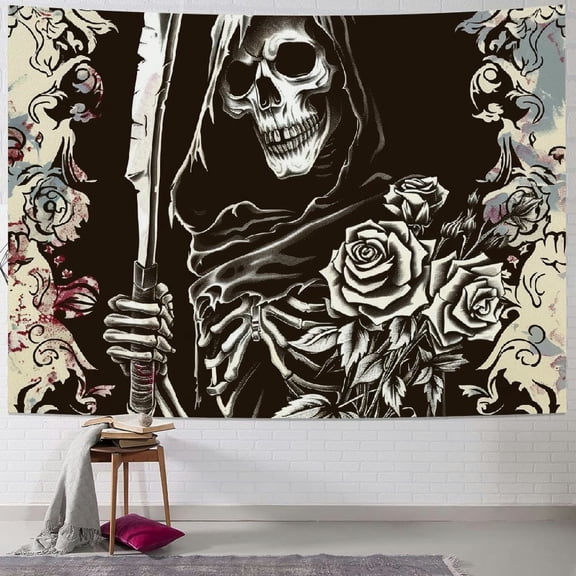 Jrxy Skull Wall Hanging Grim Reaper Floral Tapestry Gothic Tarot Card Ghost Death Theme Black Skeleton Art Home Decor 50x40inch