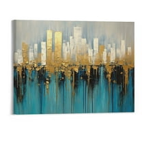 Jrxy Teal Abstract Cityscape Canvas Wall Art Modern Skyline Gold Painting Blue Grey Textured 20x16inch Picture Turquoise Artwork Framed for Living Room 20x16in