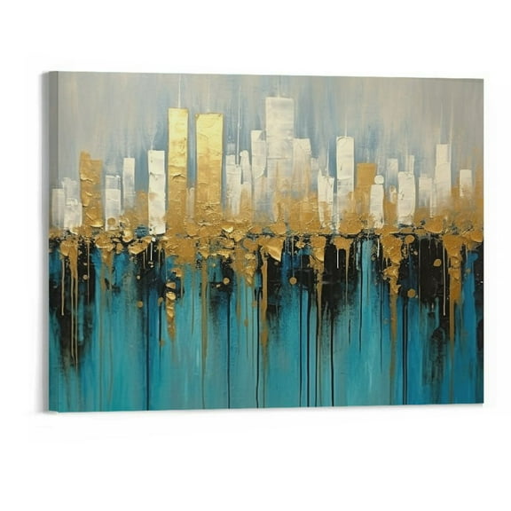 Jrxy Teal Abstract Cityscape Canvas Wall Art Modern Skyline Gold Painting Blue Grey Textured 20x16inch Picture Turquoise Artwork Framed for Living Room 20x16in