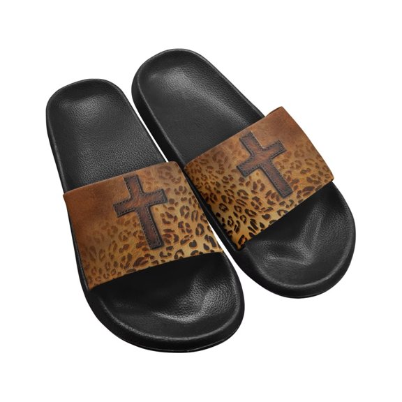 Jrysaedy Cross Leopard Pattern Pillow Slippers for Women and Men Non Slip Quick Drying Shower Slides Bathroom Sandals Cushion Thick Sole