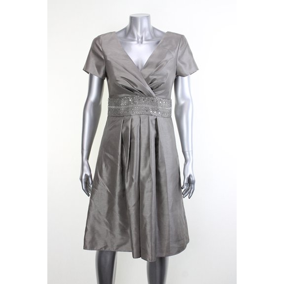 Js Boutique Grey Short-Sleeve Surplice-Neck Beaded A-Line Dress 6