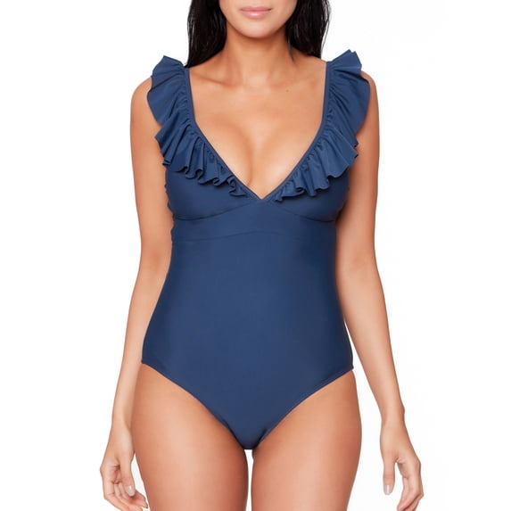 Js Jessica Simpson Frill Shoulder Plunge One Piece Swimsuit