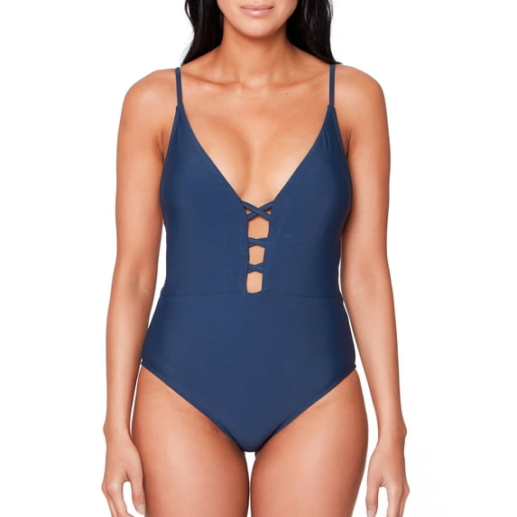 Js Jessica Simpson Womens Lace Up Plunge One Piece Swimsuit