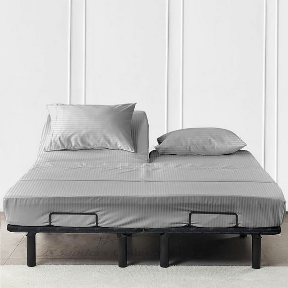 JS Sanders Collection 600TC Flex Top Cal - King Sheets for Sleep Number Bed - 100% Cotton 4 Pcs Top Split Sheets for Adjustable Bed, 28 Inch Down Sheets 18 Inch Deep Pocket - Silver Stripe