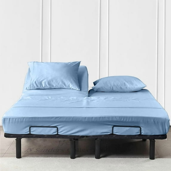 JS Sanders Collection 600TC Flex Head Queen Sheets for Sleep Number Bed - 100% Cotton 4 Pcs Split Head Queen Sheets for Adjustable Bed, 32 Inch Down Sheets Light Blue -18 Inch Deep Sheets