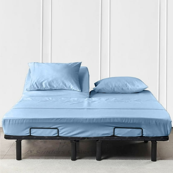 Js sanders 600 Tc Top Split Head Queen Sheet Set for Adjustable beds - Sleep Number Flex Sheets - 36" Split Top 100% Sheets - Cotton Sheet Set - Light Blue - 15 inch Deep pocket