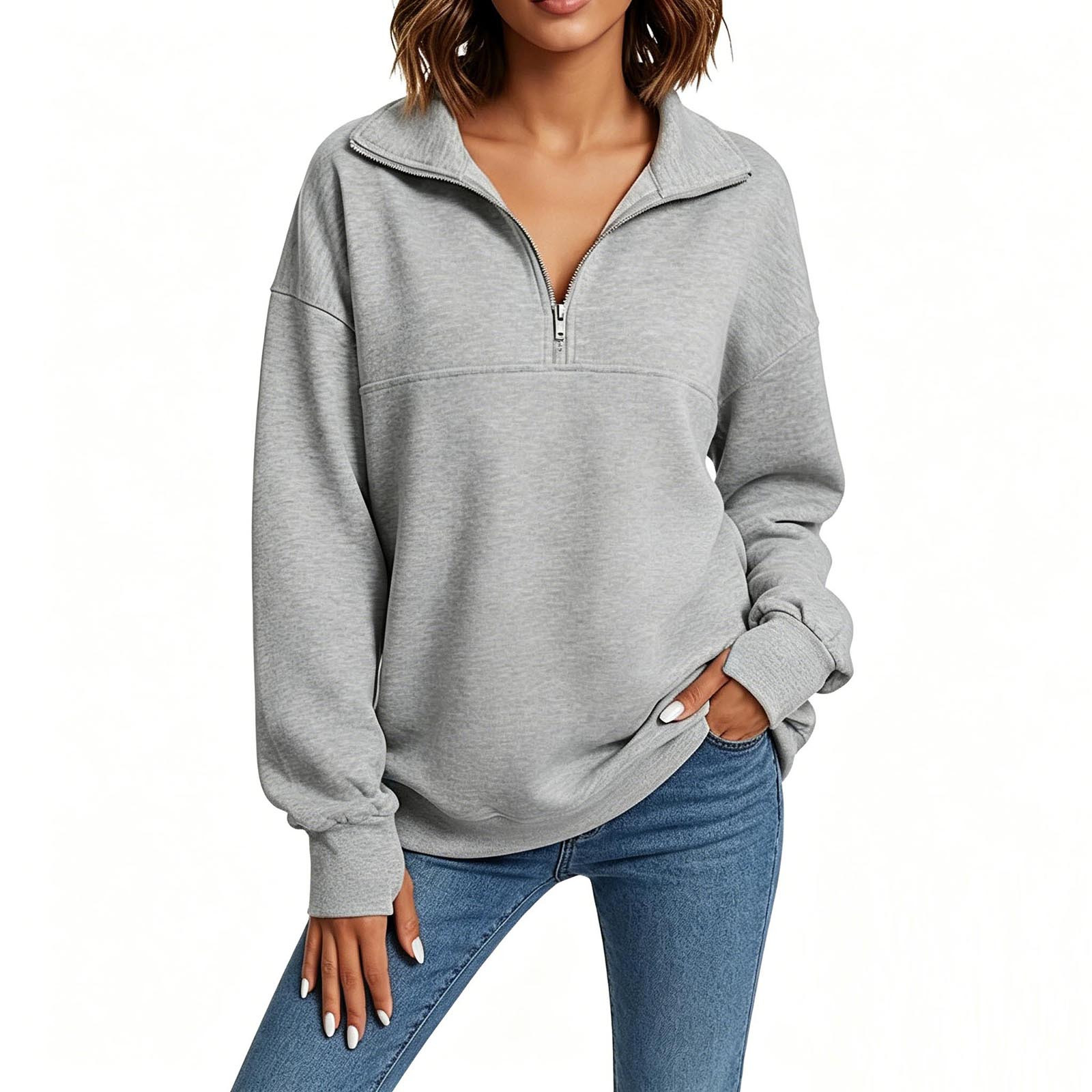 Jsaierl 1/4 Zip Sweatshirts for Women Casual Solid Color V Neck Sweatshirt Lightweight Sweater Working Out Long Sleeve Shirts with Thumbhole S-3XL