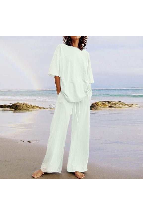 2 Piece Summer Sets for Women Short Sleeve Elegant Tops and Wide Leg Pants Sets 2 Piece Boho Vacation Outfits Sets