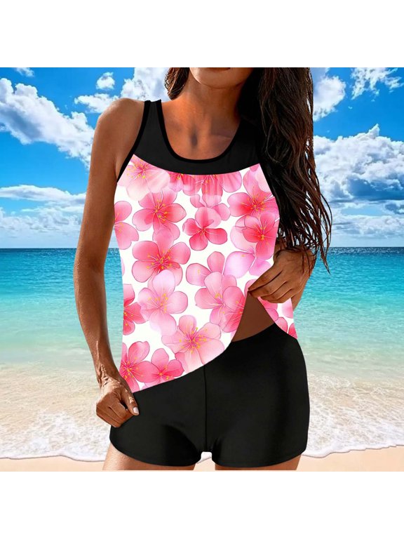 2 Piece Tankini Swimsuits for Women Tummy Control Summer Beach Print Push Up Swimwear Flowy Modest Beachwear with Boyshorts Tankini Bathing Suits S-2XL