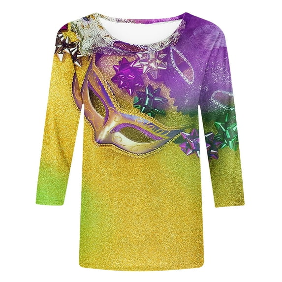 Jsaierl 2025 Mardi Gras Outfit for Women Plus Size Tops Holiday 3/4 Blouses Sleeve Carnival Themed Party Shirts