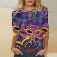 thumbnail image 1 of Jsaierl 2025 Shirt 3/4 Sleeve Mardi Gras Womens Fancy Blouse Carnival T-shirts Mask Print Tunic Theme Party Round Collar Tee, 1 of 5