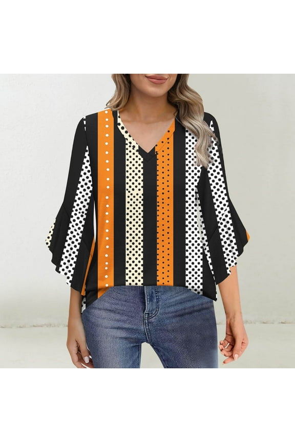 3/4 Flounce Sleeve Womens Tops Summer V Neck Shirts Boho Graphic Petite Blouses Going Out Vacation T-shirts Top S-2XL