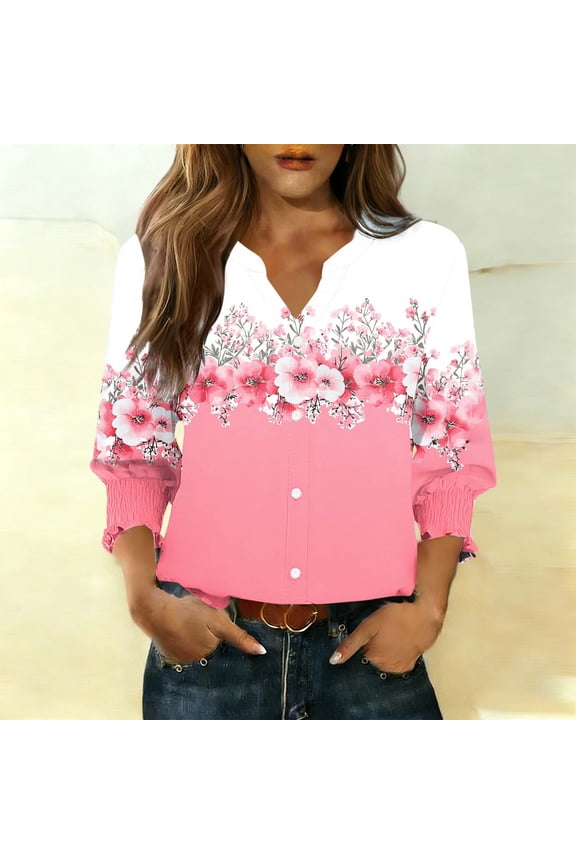 3/4 Length Sleeve Cardigans for Women Casual Button Down Open Front Shirts Trendy Graphic Petite Blouses Work Loose Fit Tunic Tops S-2XL