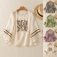 thumbnail image 1 of Jsaierl 3/4 Length Sleeve Cotton Linen Tops for Women Casual Button Up Crew Neck Shirts Cute Print Ladies Embroidery Blouses Soft Loose Fit T-shirts Top M-2XL, 1 of 10