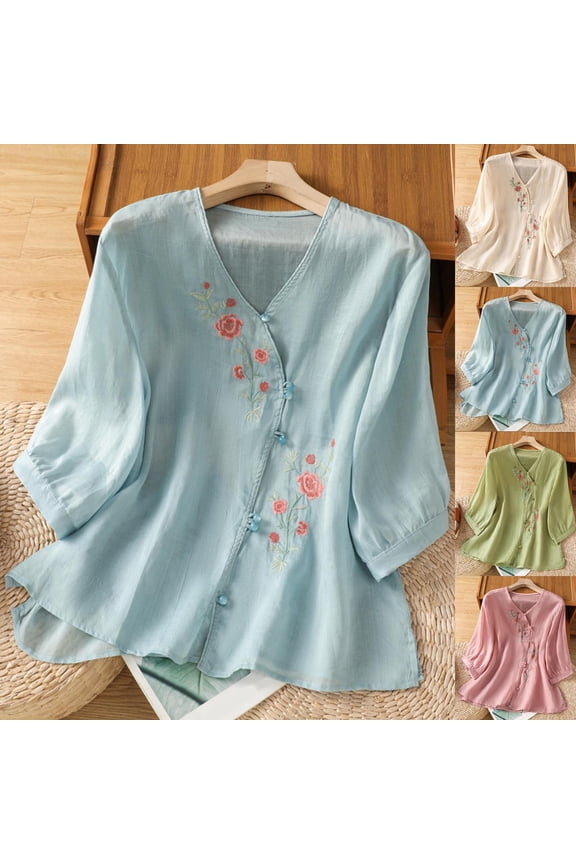 3/4 Length Sleeve Cotton Linen Tops for Women Plus Size Button Up V Neck Shirts Boho Print Petite Embroidery Blouses Workout Vacation Tunic Top M-2XL