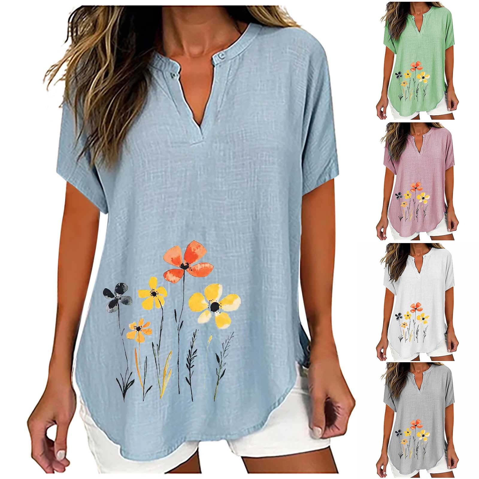 Jsaierl 3/4 Length Sleeve Cotton Linen Tops for Women Plus Size V Neck ...