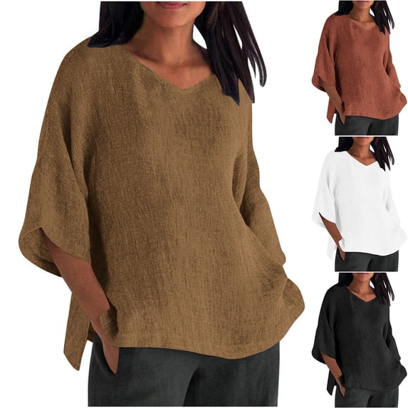 Jsaierl 3/4 Length Sleeve Cotton Linen Womens Tops Plus Size V Neck Shirts Fashion Solid Ladies Blouses Soft Elegant Tunic Top S-5XL