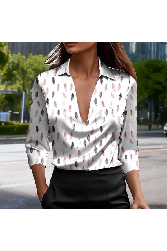 3/4 Length Sleeve Silk Satin Tops for Women Casual V Neck Shirts Retro Graphic Ladies Blouses Classic Holiday T-shirts Top S-3XL