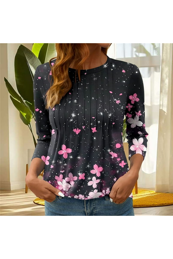3/4 Length Sleeve Tops for Women Casual Round Neck Shirts Boho Print Petite Blouses Going Out Loose Fit Tunic Top S-3XL