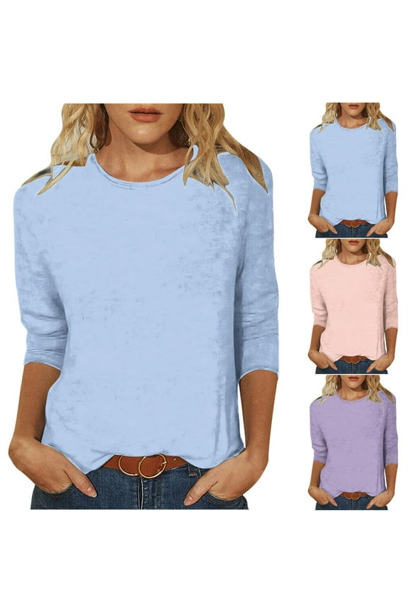 3/4 Length Sleeve Tops for Women Casual Round Neck Shirts Fashion Solid Petite Blouses Soft Vacation Tunic Top S-4XL