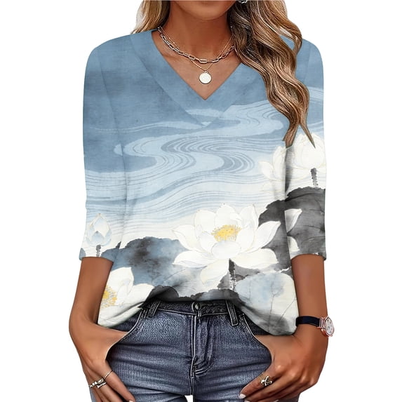 Jsaierl 3/4 Length Sleeve Tops for Women Casual V Neck Shirts Cute Graphic Petite Blouses Work Elegant Tunic Top S-3XL