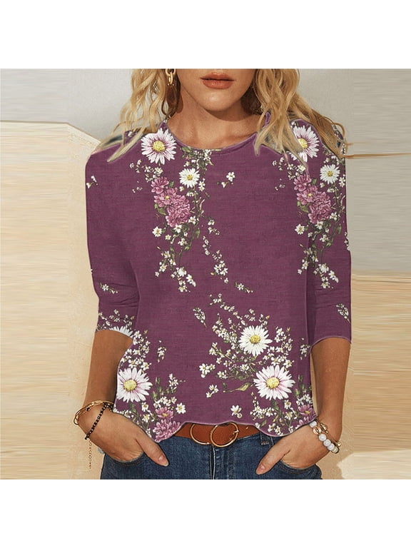 3/4 Length Sleeve Tops for Women Dressy Casual Boho Floral Print Blouses Trendy Crew Neck T Shirts Summer Clothes