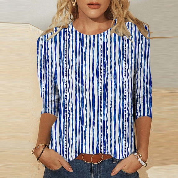 Jsaierl 3/4 Length Sleeve Tops for Women Plus Size Crew Neck Shirts Dressy Print Petite Blouses Flowy Loose Fit Tunic Top S-5XL