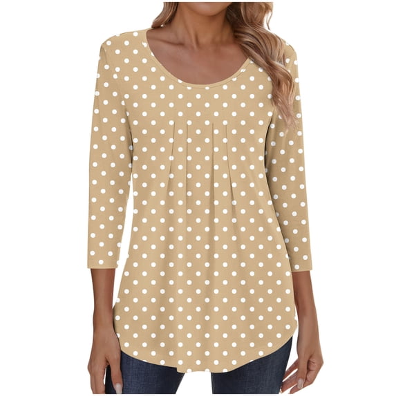 Jsaierl 3/4 Length Sleeve Tops for Women Plus Size Round Neck Shirts Cute Graphic Ladies Pleated Blouses Flowy Holiday T-shirts Top S-2XL