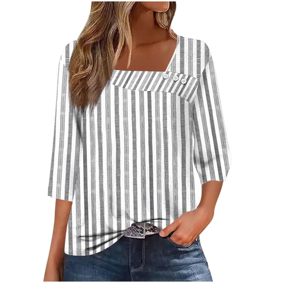 Jsaierl 3/4 Length Sleeve Tops for Women Summer Button Up Round Neck Shirts Boho Print Petite Blouses Flowy Cotton T-shirts Top S-3XL