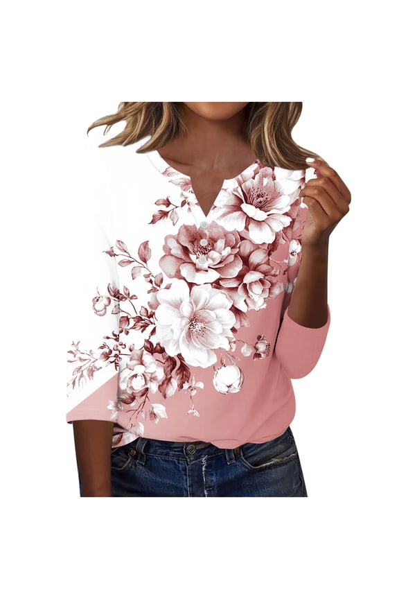 3/4 Length Sleeve Tops for Women Summer Button Up V Neck Shirts Boho Graphic Petite Blouses Work Loose Fit T-shirts Top S-3XL