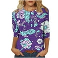 thumbnail image 1 of Jsaierl 3/4 Length Sleeve Tops for Women Summer Crew Neck Shirts Boho Print Petite Hollow Out Blouses Going Out Holiday Tunic Top S-2XL, 1 of 6