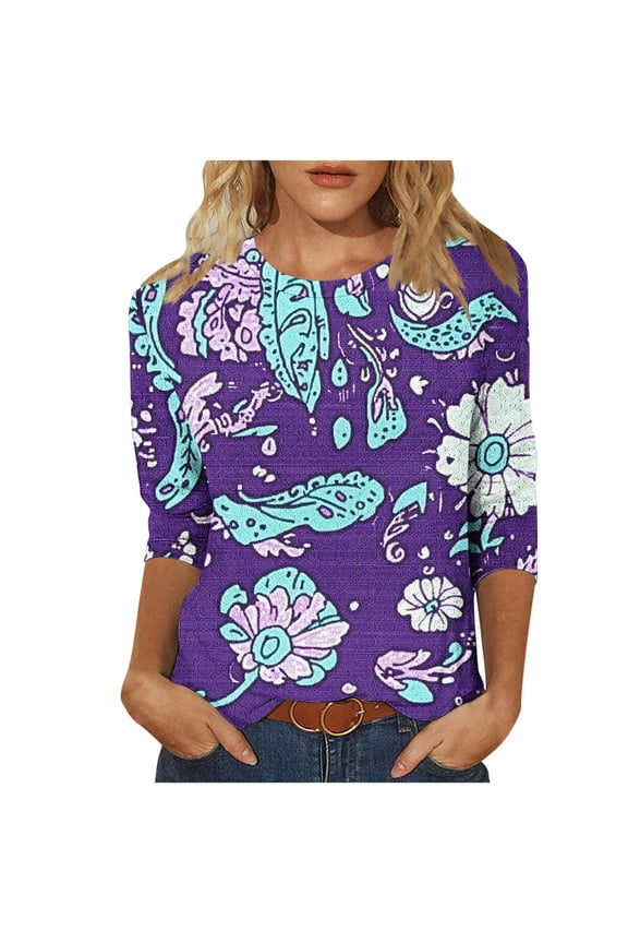 3/4 Length Sleeve Tops for Women Summer Crew Neck Shirts Boho Print Petite Hollow Out Blouses Going Out Holiday Tunic Top S-2XL