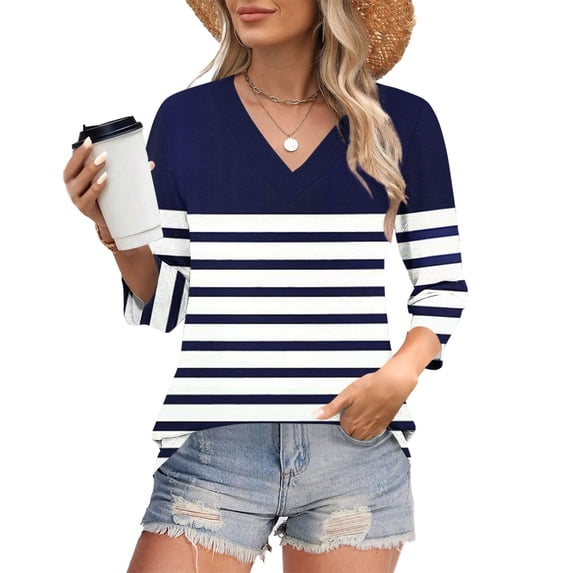Jsaierl 3/4 Length Sleeve Tops for Women Summer V Neck Shirts Cute Print Petite Blouses Work Dressy T-shirts Top S-2XL