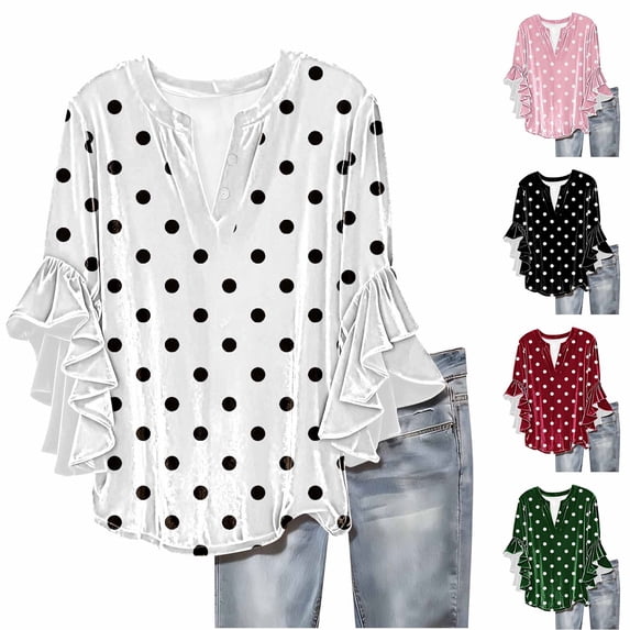 Jsaierl 3/4 Length Sleeve Womens Tops Casual Button Up V Neck Shirts Cute Print Ladies Blouses Classic Vacation T-shirts Top S-2XL