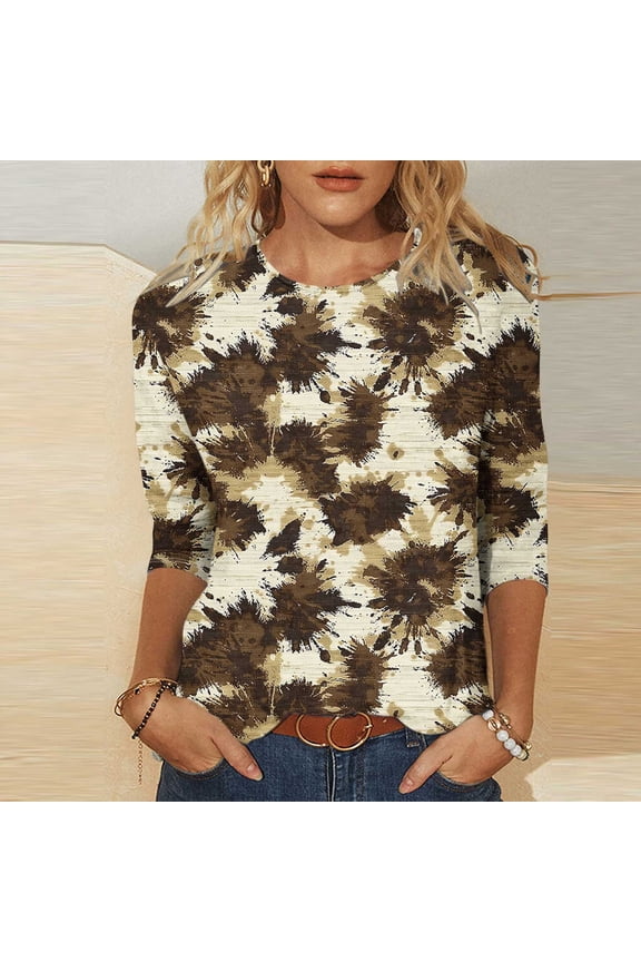 3/4 Length Sleeve Womens Tops Casual Crew Neck Shirts Retro Print Petite Blouses Classic Cotton Tunic Top S-5XL