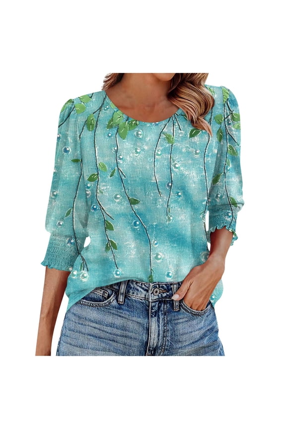 3/4 Length Sleeve Womens Tops Casual Round Neck Shirts Boho Print Petite Blouses Classic Loose Fit Tunic Top S-2XL