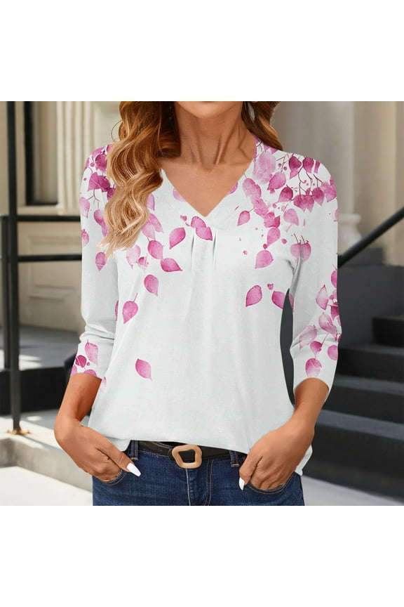 3/4 Length Sleeve Womens Tops Casual V Neck Shirts Fashion Graphic Petite Blouses Soft Loose Fit Tunic Top S-2XL