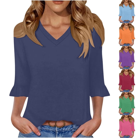 Jsaierl 3/4 Length Sleeve Womens Tops Casual V Neck Shirts Fashion Solid Petite Blouses Classic Elegant T-shirts Top S-2XL
