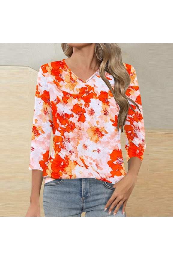 3/4 Length Sleeve Womens Tops Plus Size Crew Neck Shirts Fashion Graphic Petite Blouses Soft Holiday Tunic Top S-3XL