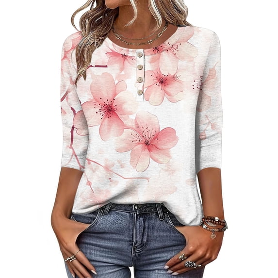 Jsaierl 3/4 Length Sleeve Womens Tops Summer Button Up Round Neck Shirts Boho Print Petite Blouses Going Out Holiday Tunic Top S-2XL