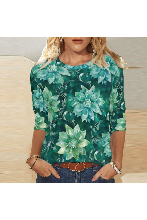 3/4 Length Sleeve Womens Tops Summer Crew Neck Shirts Boho Floral Petite Blouses Flowy Vacation T-shirts Top S-2XL