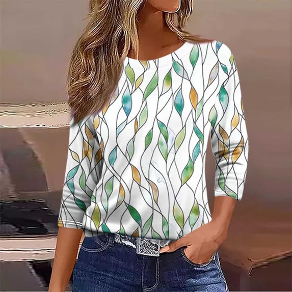 Jsaierl 3/4 Length Sleeve Womens Tops Summer Crew Neck Shirts Dressy Print Ladies Blouses Soft Vacation T-shirts Top S-5XL