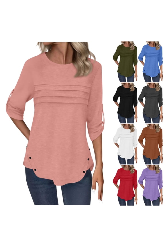 3/4 Length Sleeve Womens Tops Summer Crew Neck Shirts Fashion Solid Petite Blouses Work Vacation T-shirts Top S-2XL