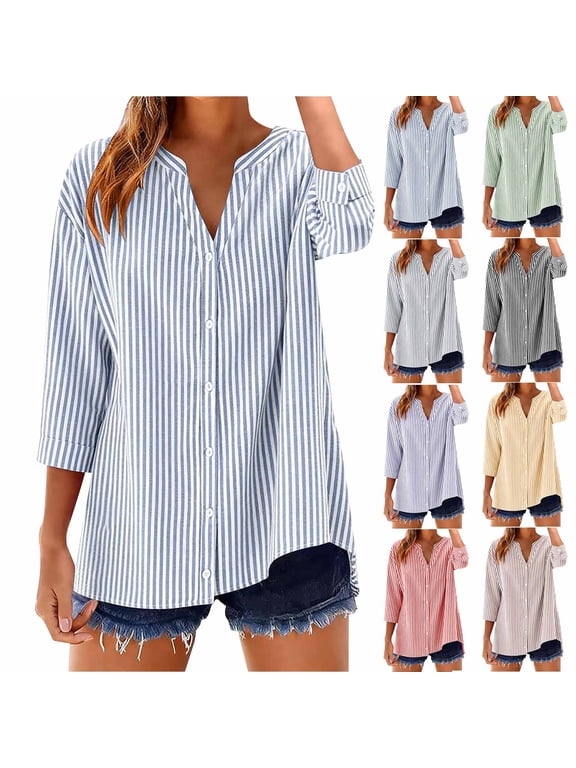 3/4 Sleeve Cotton Linen Tops for Women Summer Button Up V Neck Shirts Trendy Striped Petite Blouses Work Elegant T-shirts Top S-2XL