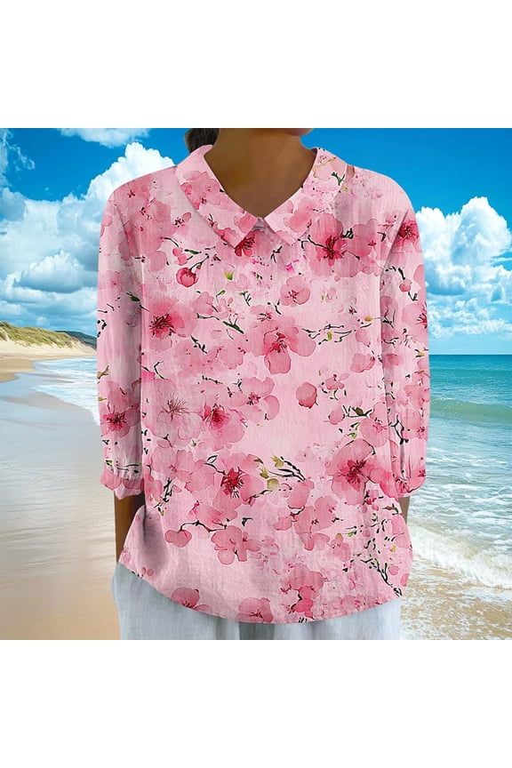 3/4 Sleeve Cotton Linen Tops for Women Summer Crew Neck Shirts Fashion Floral Petite Blouses Flowy Tunic Top S-2XL